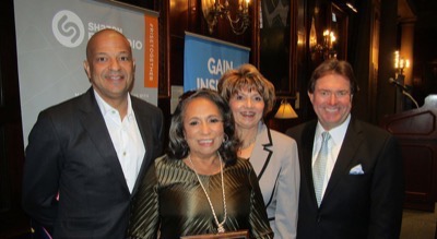 Radio One Chairperson Cathy Hughes received Radio Ink's Lifetime Leadership Award. With Hughes are (l-r) Radio One CEO (and Hughes' son) Alfred Liggins, Radio Ink Publisher Deborah Parenti, and Forecast co-chair and iHeartMedia Sr. Advisor/Broadcast Relations Dan Mason.